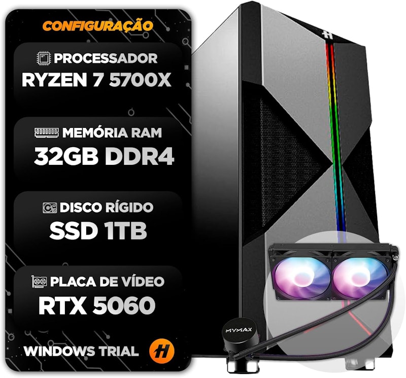 PC Gamer Hertz Ryzen 7 5700X, Water Cooler 240 mm, 32 GB SSD, 1 TB, RTX 5060 4