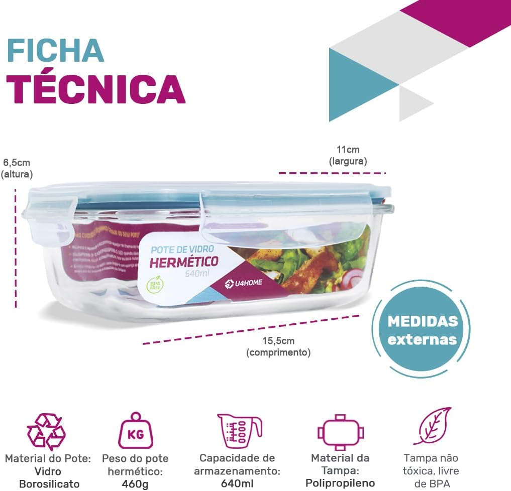Kit 6 Potes de Vidro Retangular com Tampa Hermética 640 ml  3
