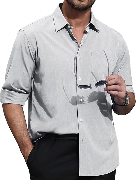 Camisa Masculina de Linho de Manga Comprida e Botões sem Rugas 1