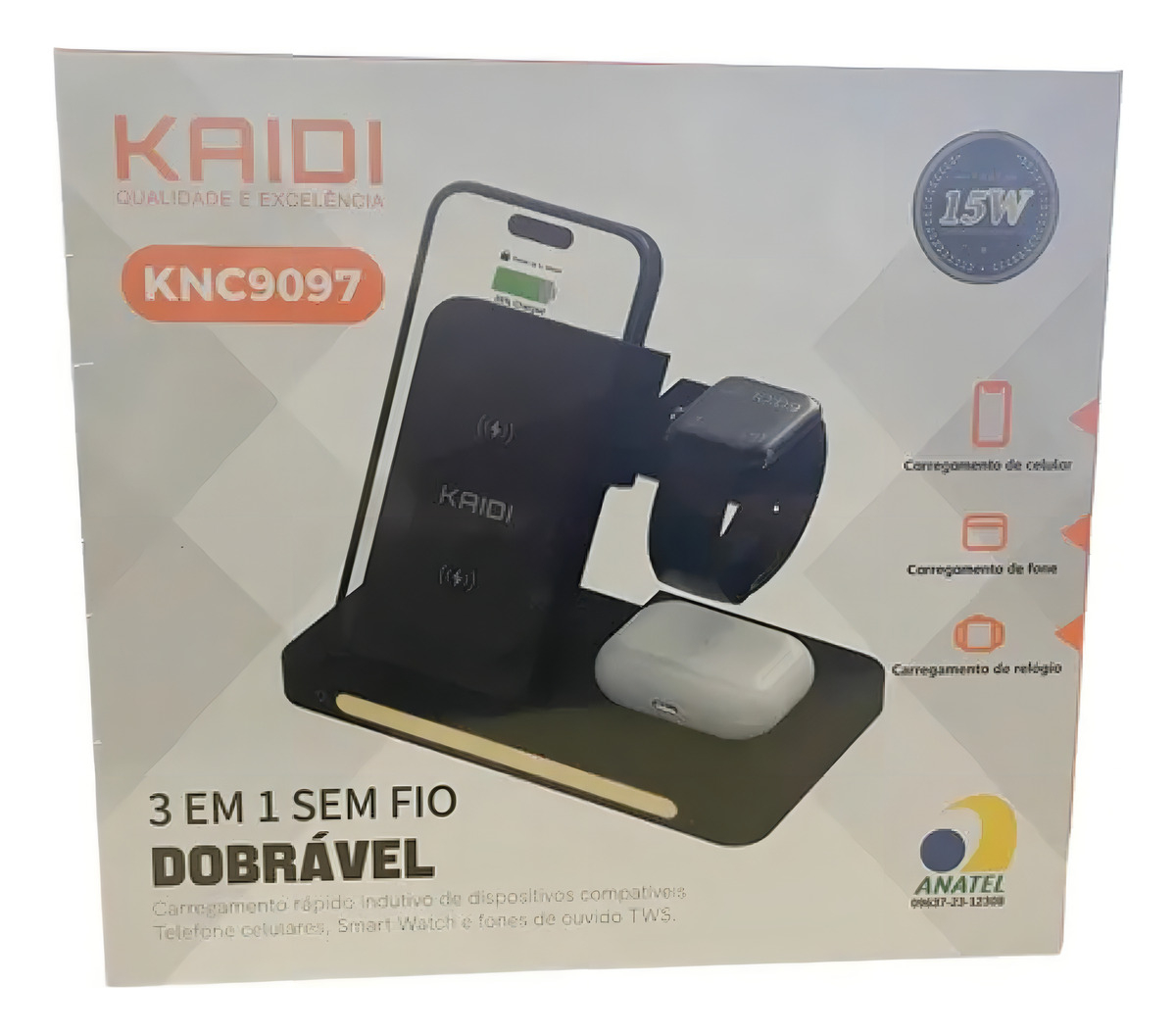 Carregador sem Fio Rápido Indução Wireless 3 em 1 Kaidi 5