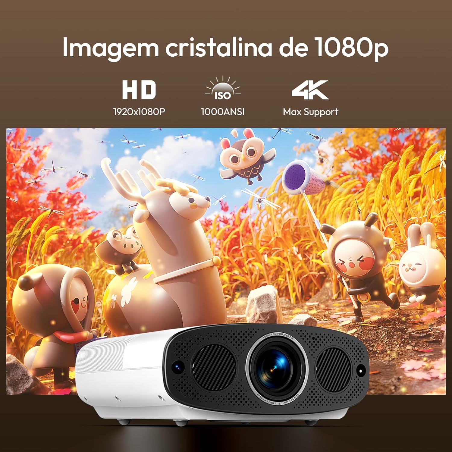 Projetor Full HD 1080p 4K 1000 ANSI Android Wi-Fi Foco Automático Vevshao 3