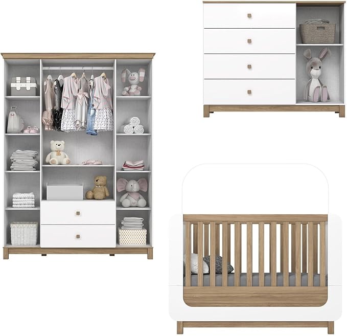 Conjunto Quarto de Bebê Berço 2 em 1, Guarda-roupa e Cômoda Sophia 4