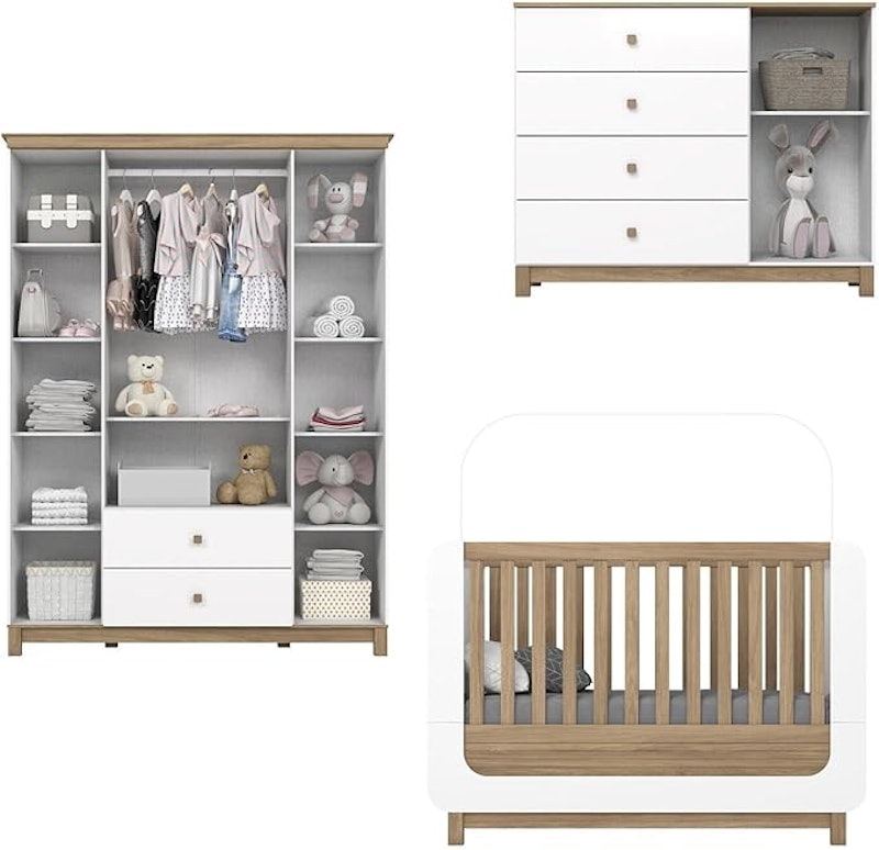 Conjunto Quarto de Bebê Berço 2 em 1, Guarda-roupa e Cômoda Sophia 4