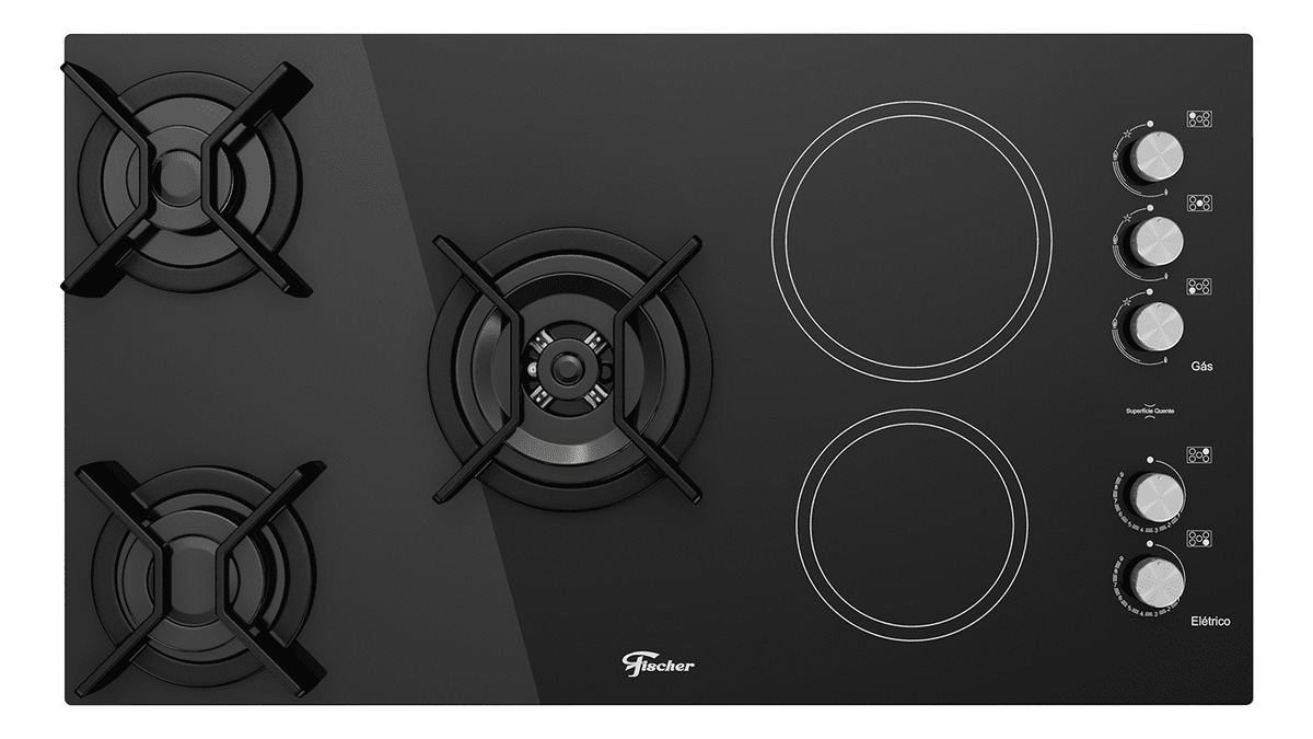 Cooktop Gás/Elétrico Fischer 5 Bocas Tripla Chama TOP com Trempe de Ferro Fundido Vitrocerâmica 1