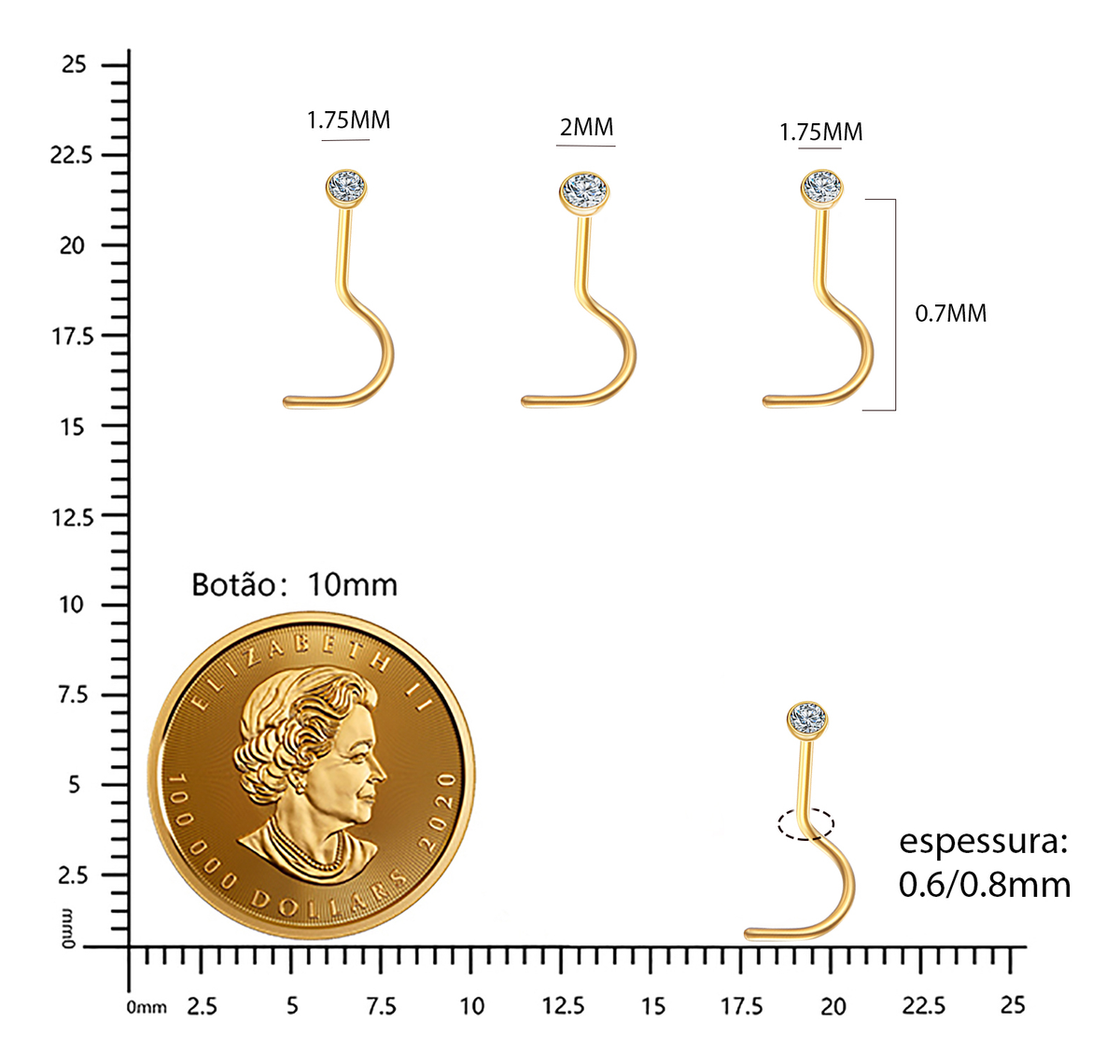 Piercing Nostril Titânio PVD Zircônia 3