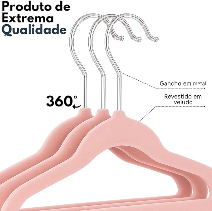 Kit 50 Cabides de Veludo Infantil Rosa Antideslizante 2