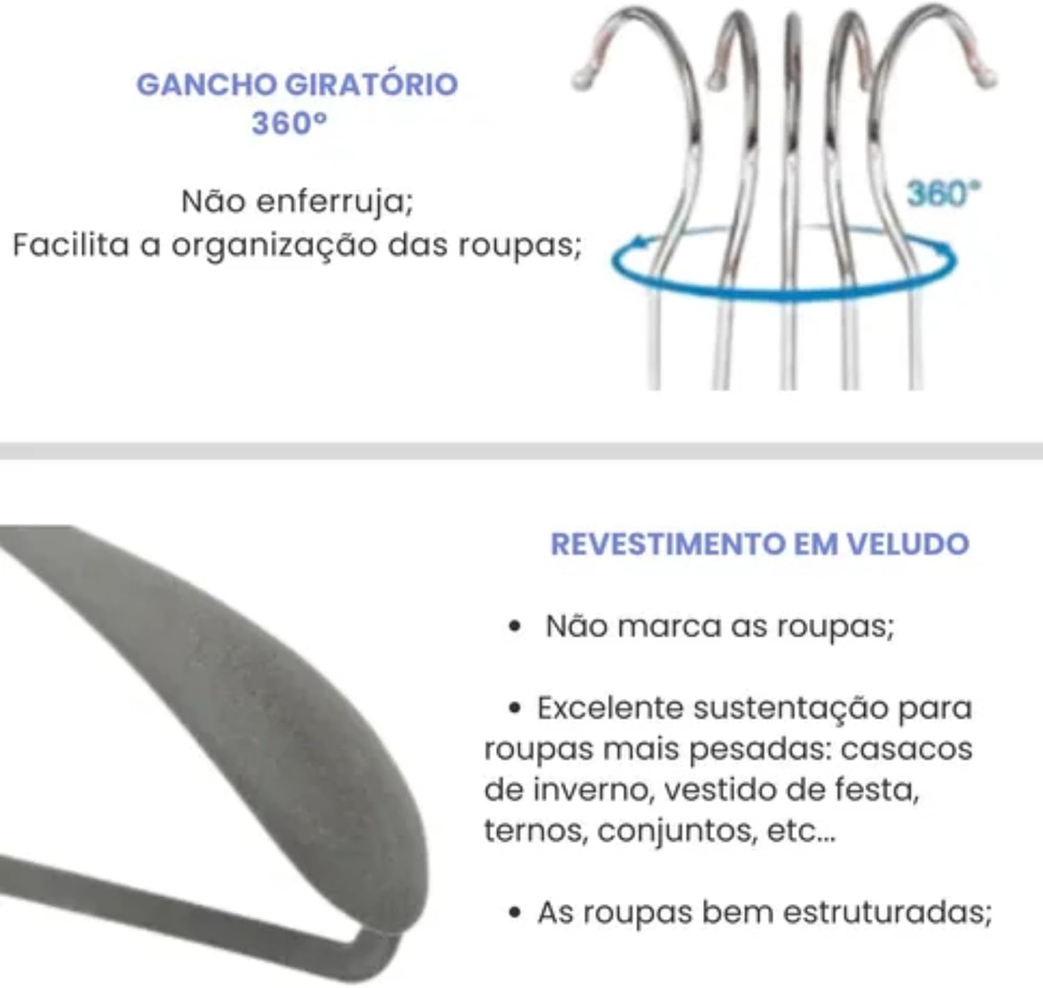 Kit 10 Cabide de Veludo Adulto com Ombreira Fixa 4