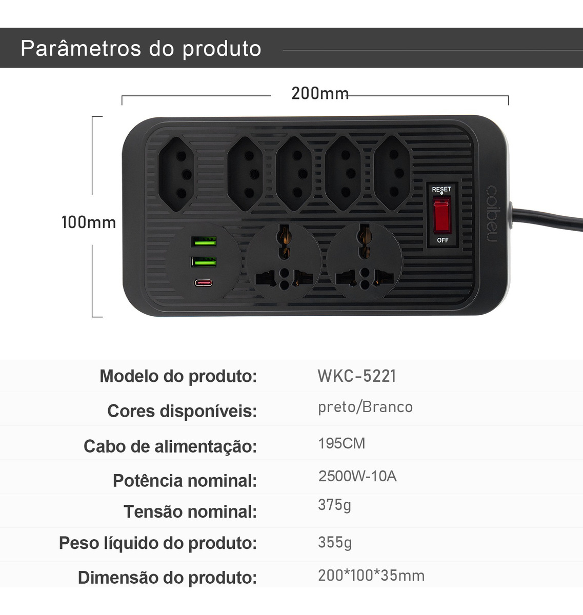 Extensão de Aparelho Coibeu com 5 Plugues e 2 USB Tipo C 2