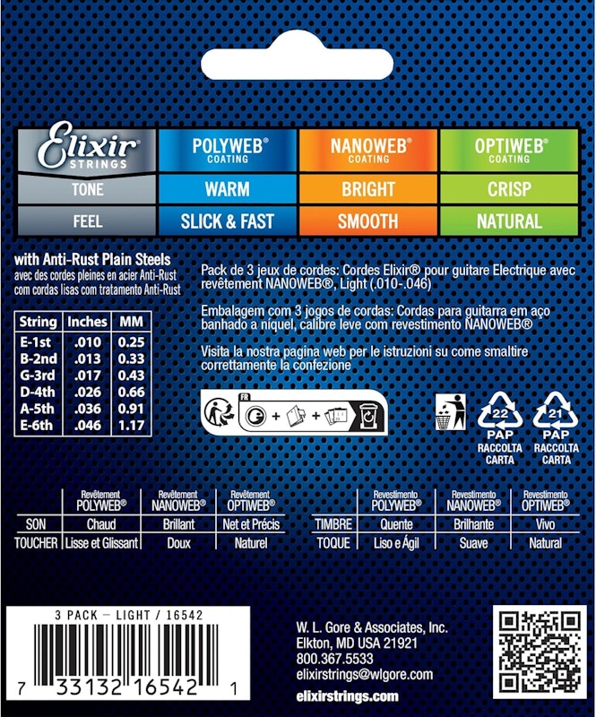 Cordas Elixir para Guitarra Elétrica de Aço com Revestimento de Níquel e NANOWEB 2