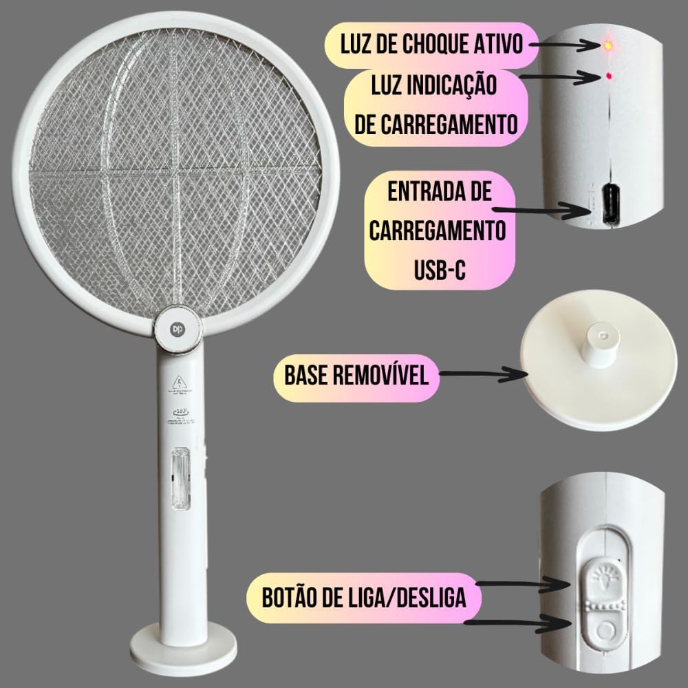 Raquete Elétrica Recarregável com Luz UV 3