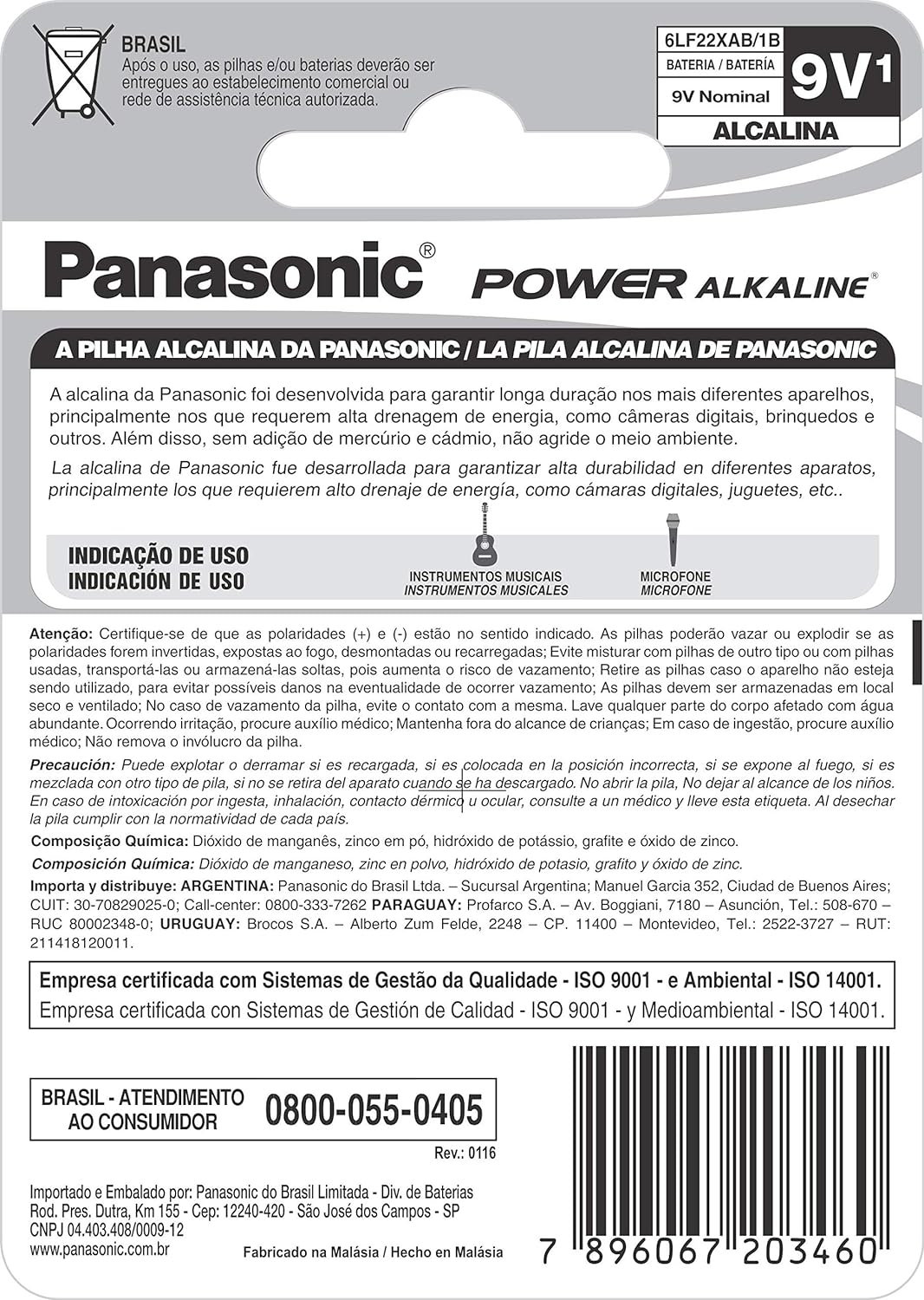Bateria Alcalina Panasonic 9V 2