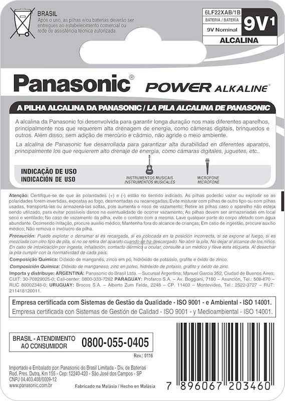 Bateria Alcalina Panasonic 9V 2