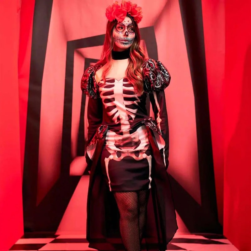 Fantasia Halloween Feminina Caveira Mexicana Manga Longa com Ossos 5