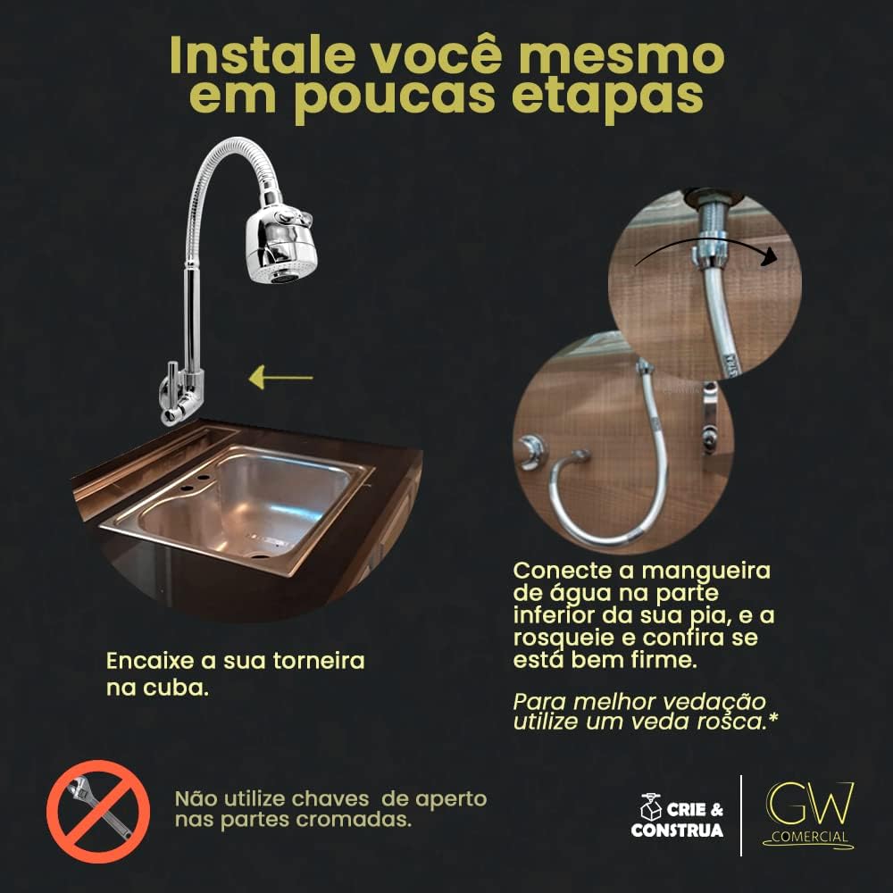 Torneira para Cozinha Gourmet com Tubo Flexível para Parede 5