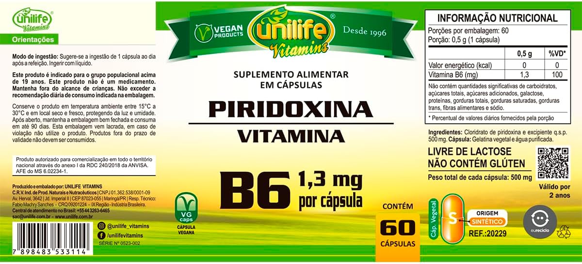 Vitamina B6 - Piridoxina em Cápsulas 500 mg 3