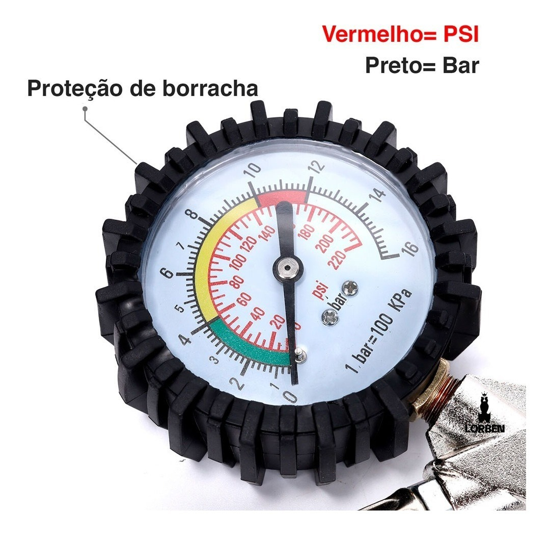 Bico Pistola de Ar Lorben Calibrador de Pneu Manômetro Engate Rápido 2