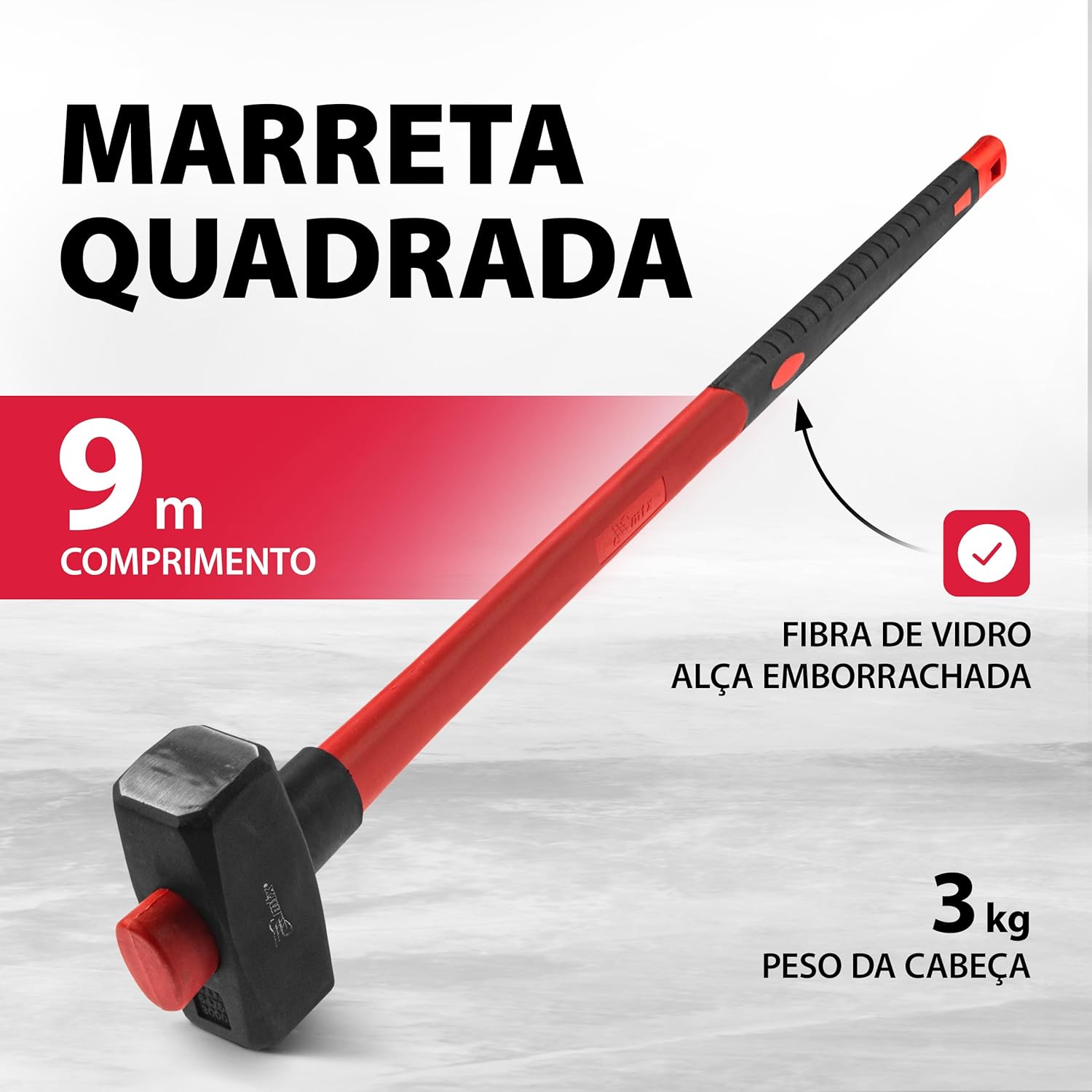 Marreta Quadrada 3 kg com Cabo em Fibra Emborrachado e Cabeça Forjada em Aço Carbono MTX 3