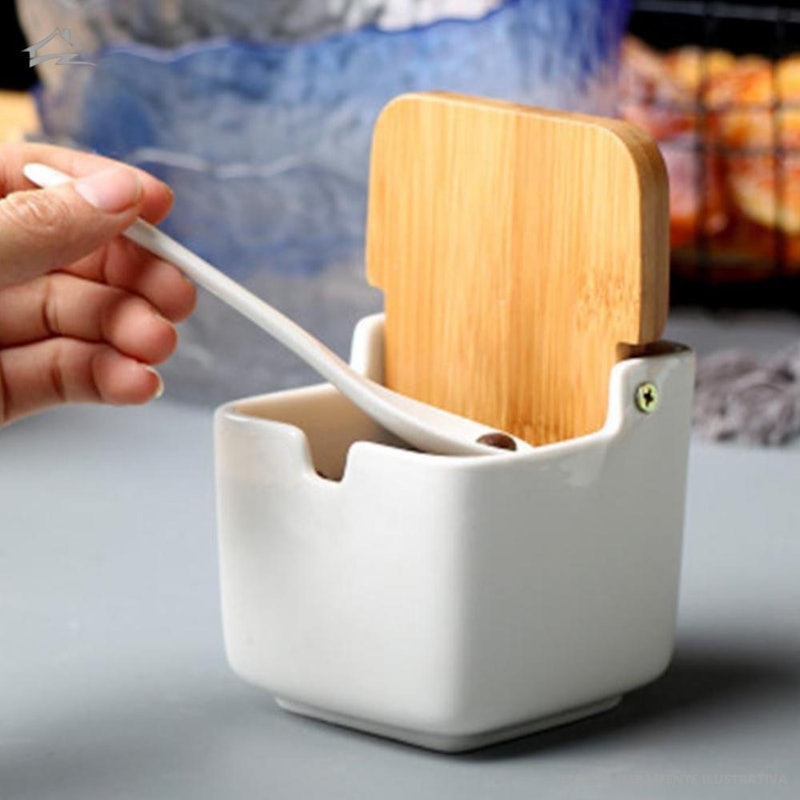 Saleiro de Mesa de Cerâmica com Tampa de Bambu e Colher Bianco 3