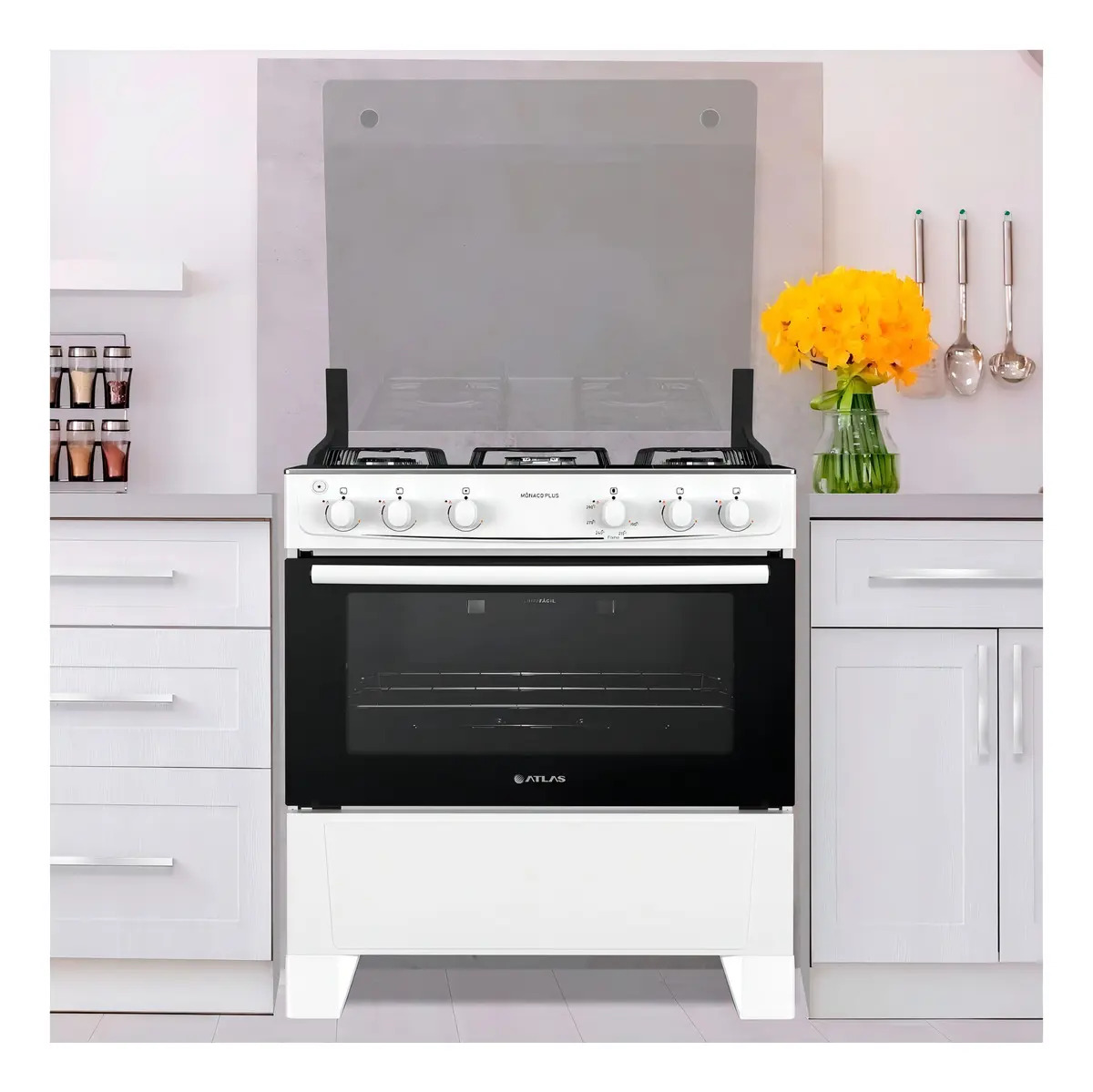 Fogão 5 Bocas Branco com Mesa Inox Atlas Mônaco Plus 3