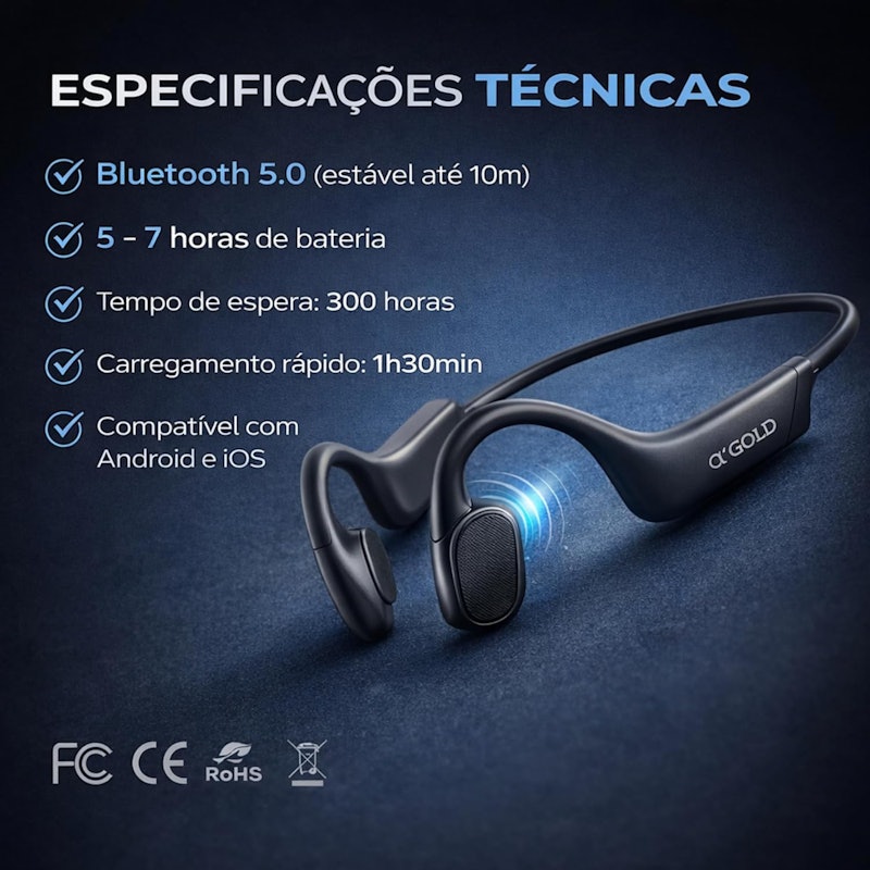 Fone de Ouvido Esportivo Open Ear Bluetooth Condução Óssea A'Gold 3