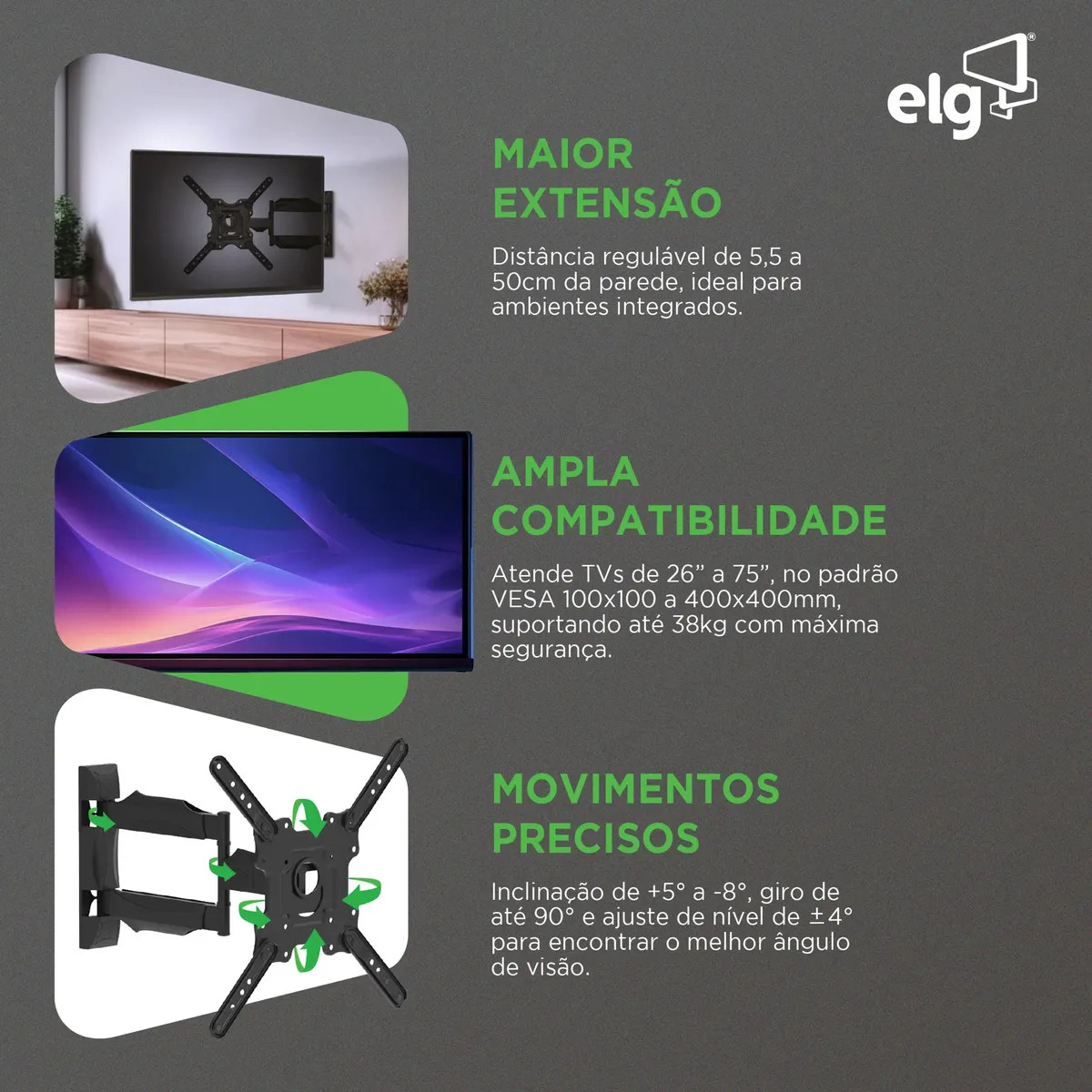 Suporte Articulado de Parede para TVs de 26" a 75" 3
