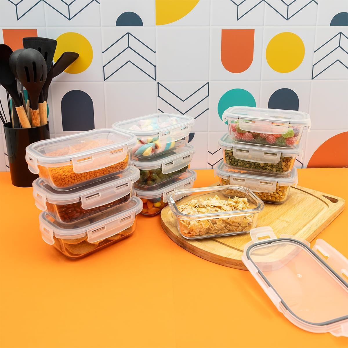 Kit 10 Potes de Vidro Marmita Hermético com Trava Retangular 3