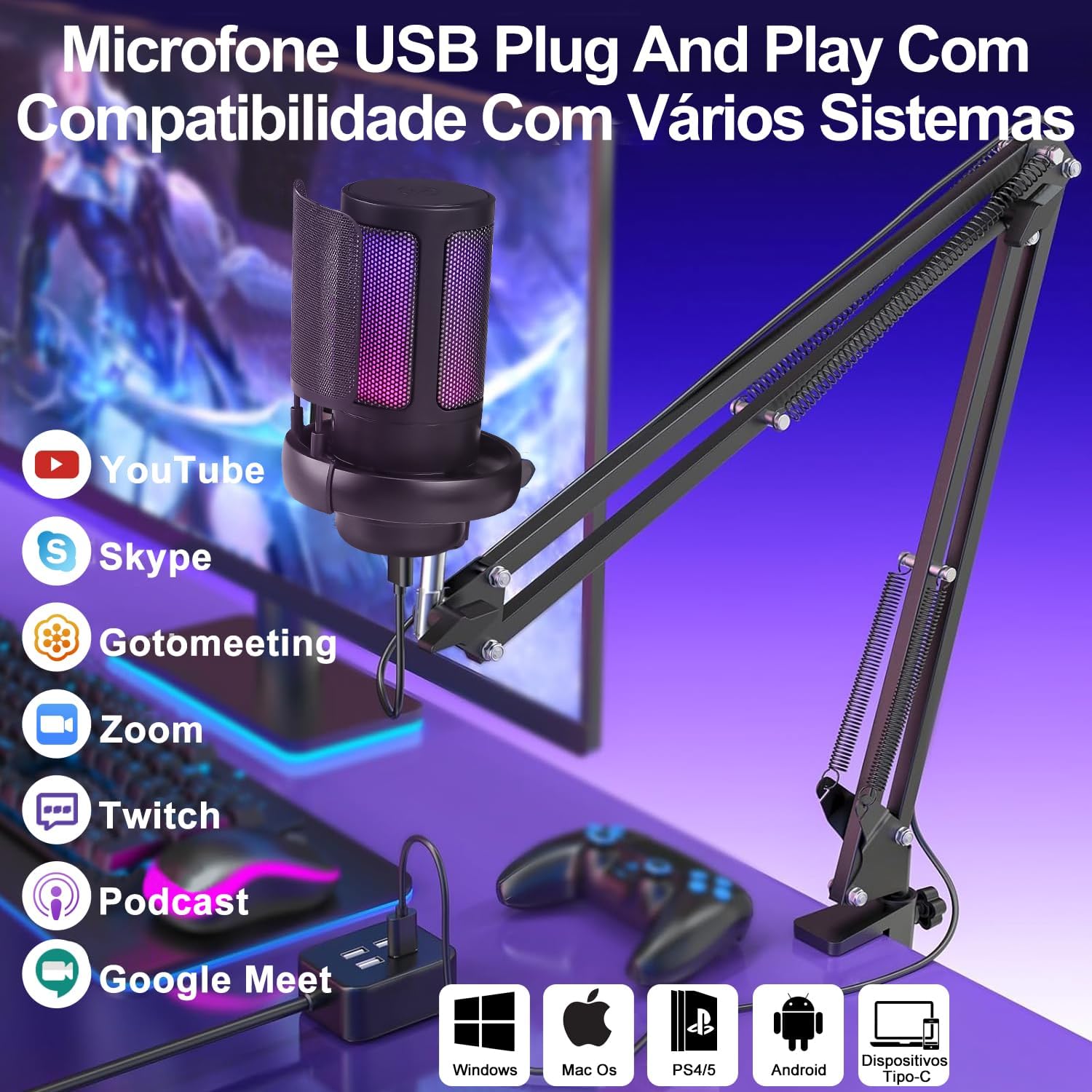 Microfone USB Gaming com RGB Antuvi 2