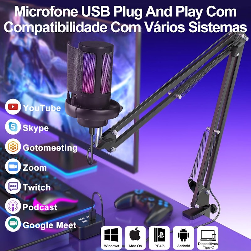 Microfone USB Gaming com RGB Antuvi 2
