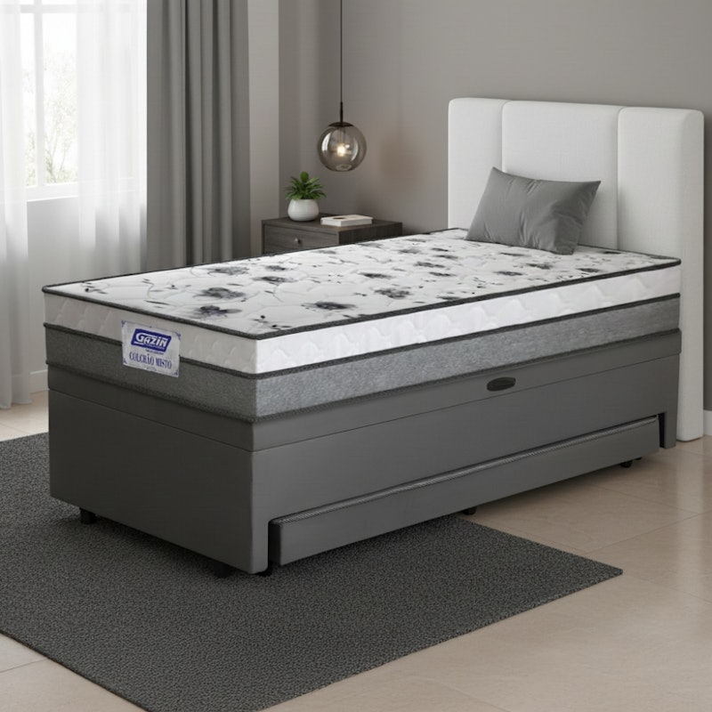 Cama Bibox Baú com Colchão Fort Solteiro e Cama Auxiliar Conjugada Bela 2