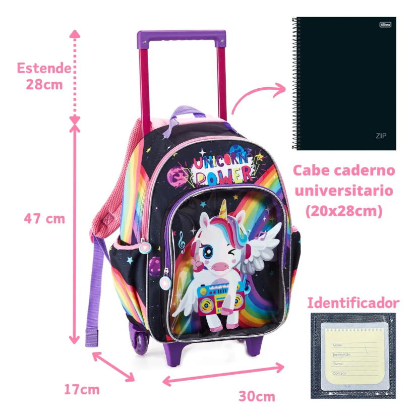 Mochila Infantil Feminina 16″ com Rodas + Lancheira + Estojo 3