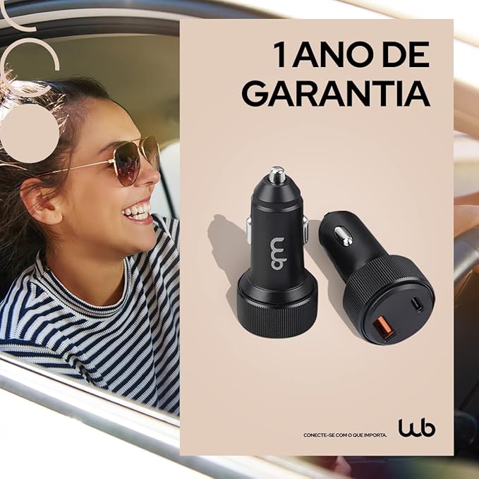Carregador USB-C e USB-A Rápido Veicular com Duas Entradas 48 W 5