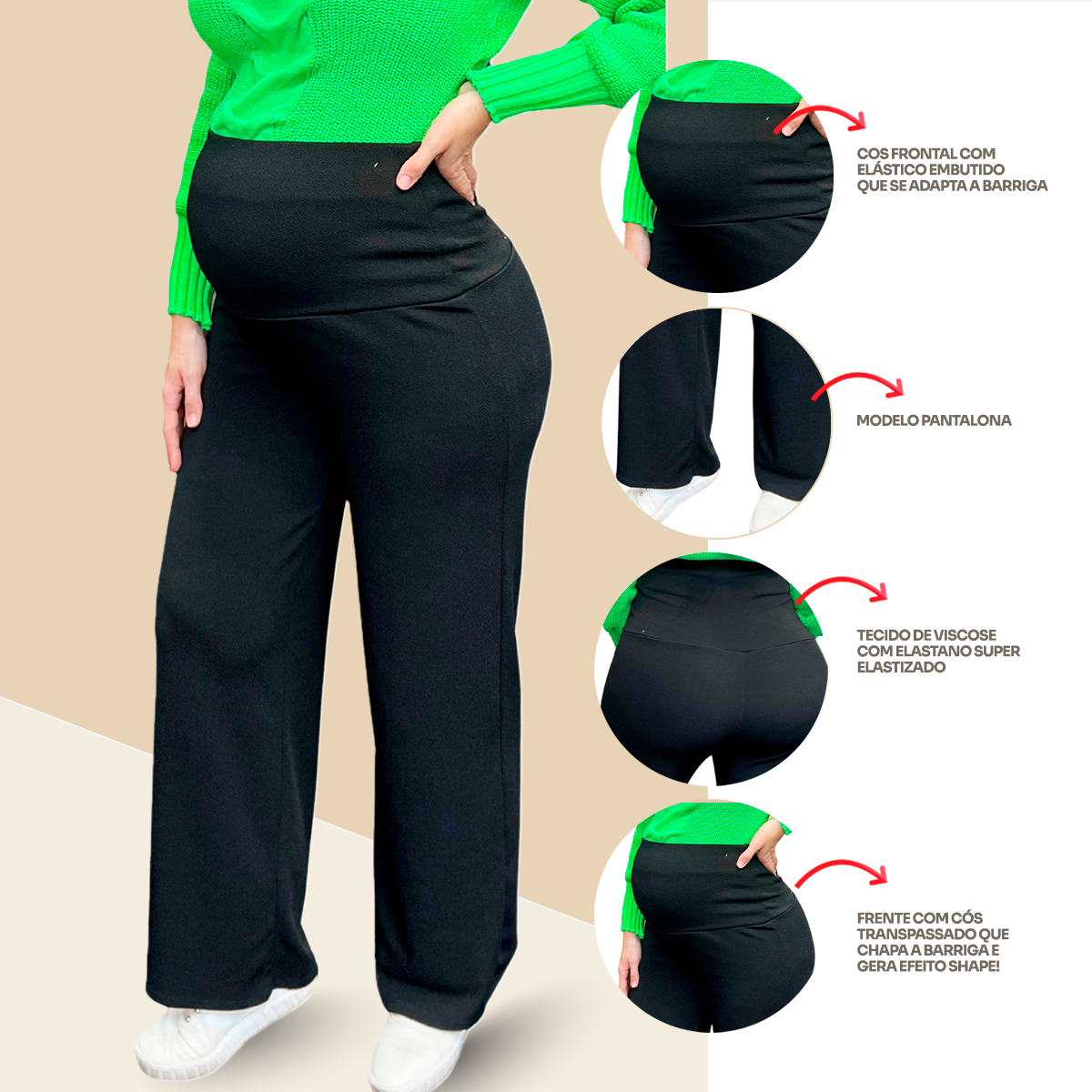Calça Gestante Grávida Wide Leg Mom Pantalona Maternidade 5