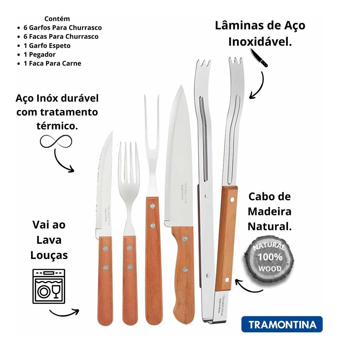 Kit para Churrasco Tramontina com Lâmina em Aço Inox e Cabos de Madeira 15 Peças 3