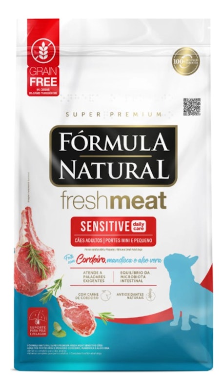 Fórmula Natural Super Premium Fresh Meat Sensitive Cães Adultos Portes Mini e Pequeno Cordeiro, Mandioca e Aloe Vera 1