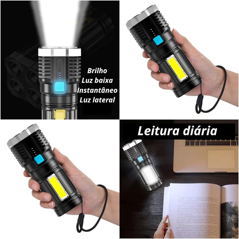 Lanterna LED à Prova d´água 4 Núcleos Potente USB Recarregável 5
