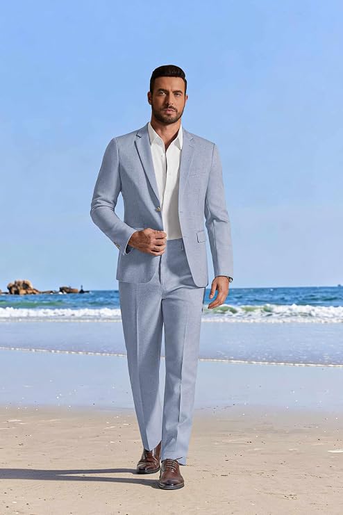 Conjunto de 2 Peças de Terno Masculino de Linho de Ajuste Regular Coofandy 3