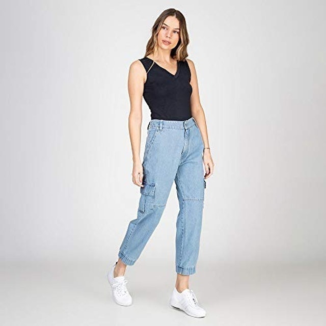 Calça Cargo Feminina Jeans Jogger com Elástico 2