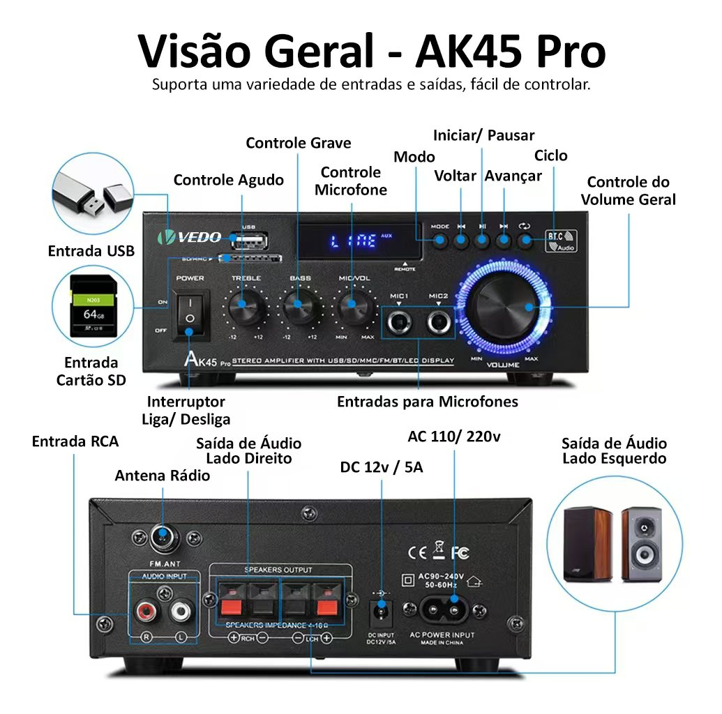Amplificador Estéreo Vedo AK45 - Pro 3