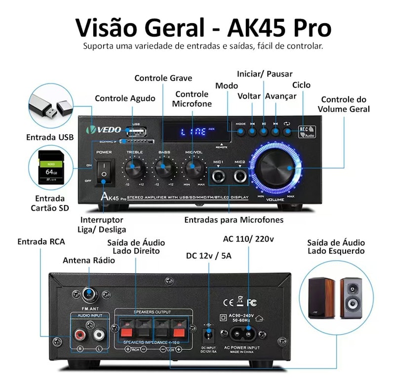 Amplificador Estéreo Vedo AK45 - Pro 3