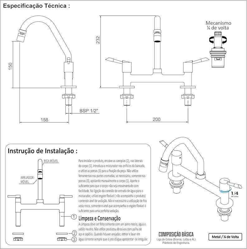 Torneira Duplo Misturador Cozinha Metal Bancada 4