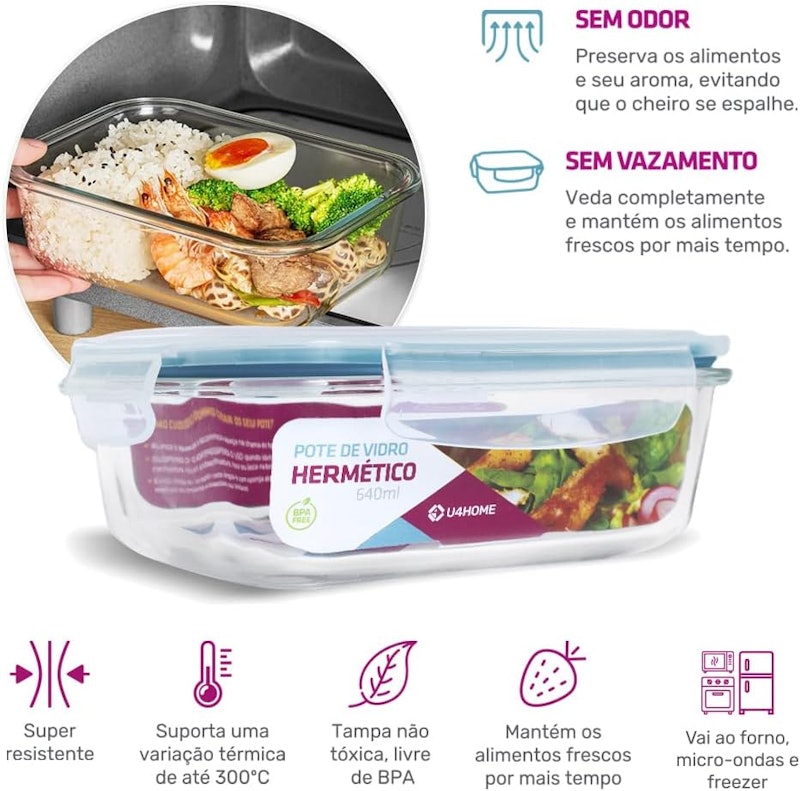 Kit 6 Potes de Vidro Retangular com Tampa Hermética 640 ml 2