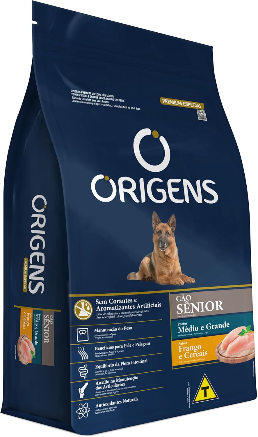Ração Origens Premium Especial Cães Sênior Portes Médio e Grande Sabor Frango e Cereais 1