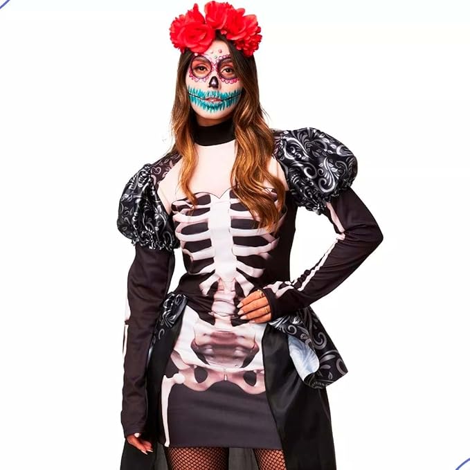 Fantasia Halloween Feminina Caveira Mexicana Manga Longa com Ossos 4