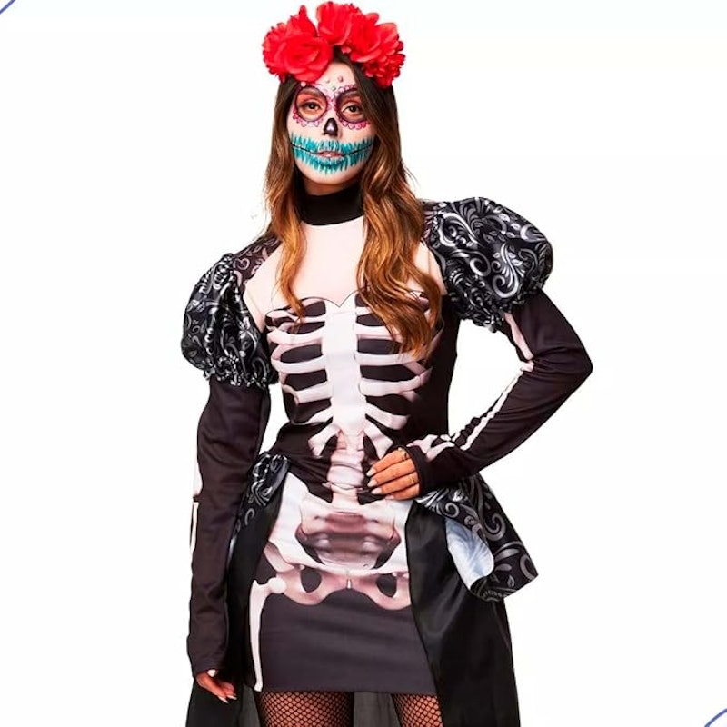 Fantasia Halloween Feminina Caveira Mexicana Manga Longa com Ossos 4