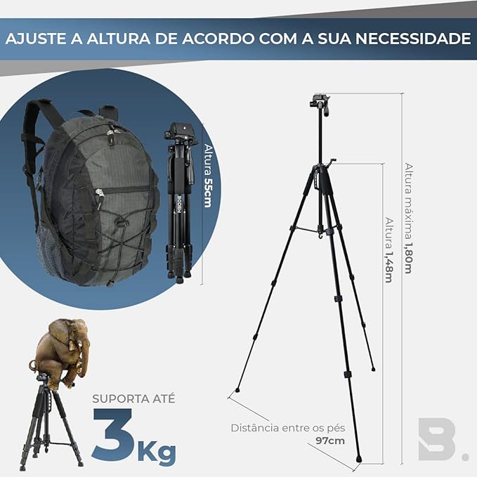 Tripé Profissional Universal para Câmera e Celular com Controle Bluetooth 4