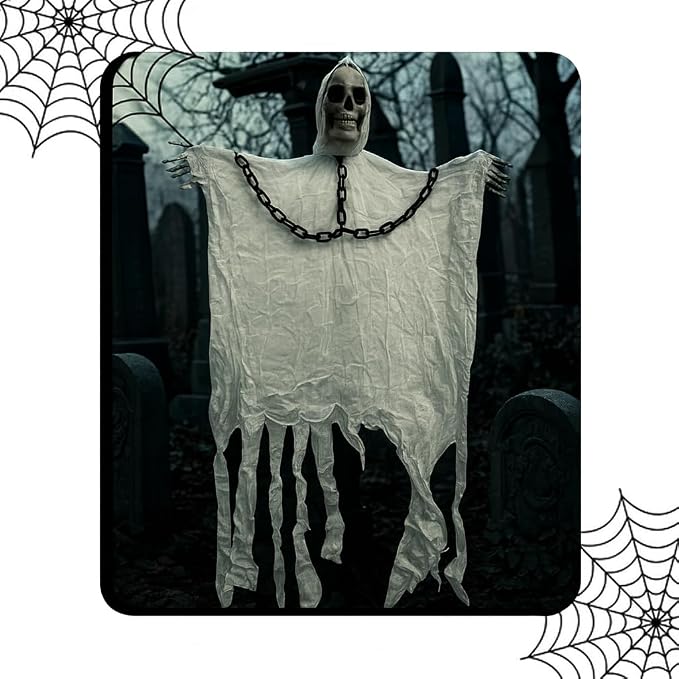 Kit 2 Caveiras Suspensas Fantasmas Preto e Branco com Luz LED Vermelha 4