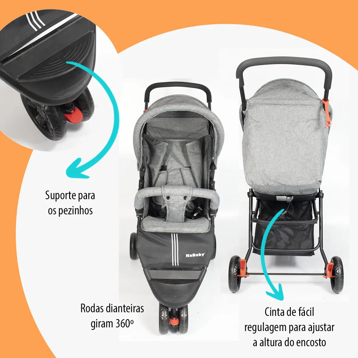 Carrinho de Bebê com Cesto e 3 Rodas de Passeio EasyGo KaBaby 5