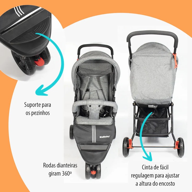 Carrinho de Bebê com Cesto e 3 Rodas de Passeio EasyGo KaBaby 5
