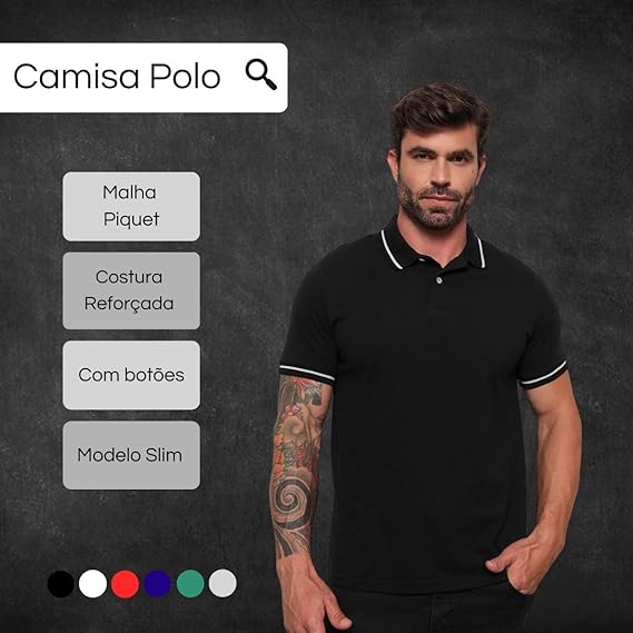 Camisa Polo Masculina com Manga Curta Lisa e Gola com Botão 5