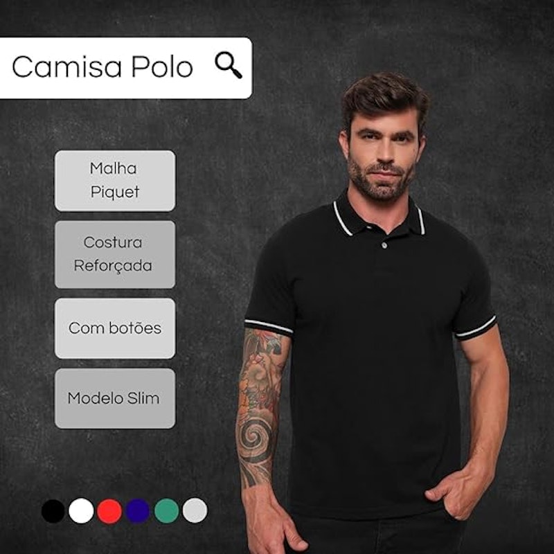 Camisa Polo Masculina com Manga Curta Lisa e Gola com Botão 5